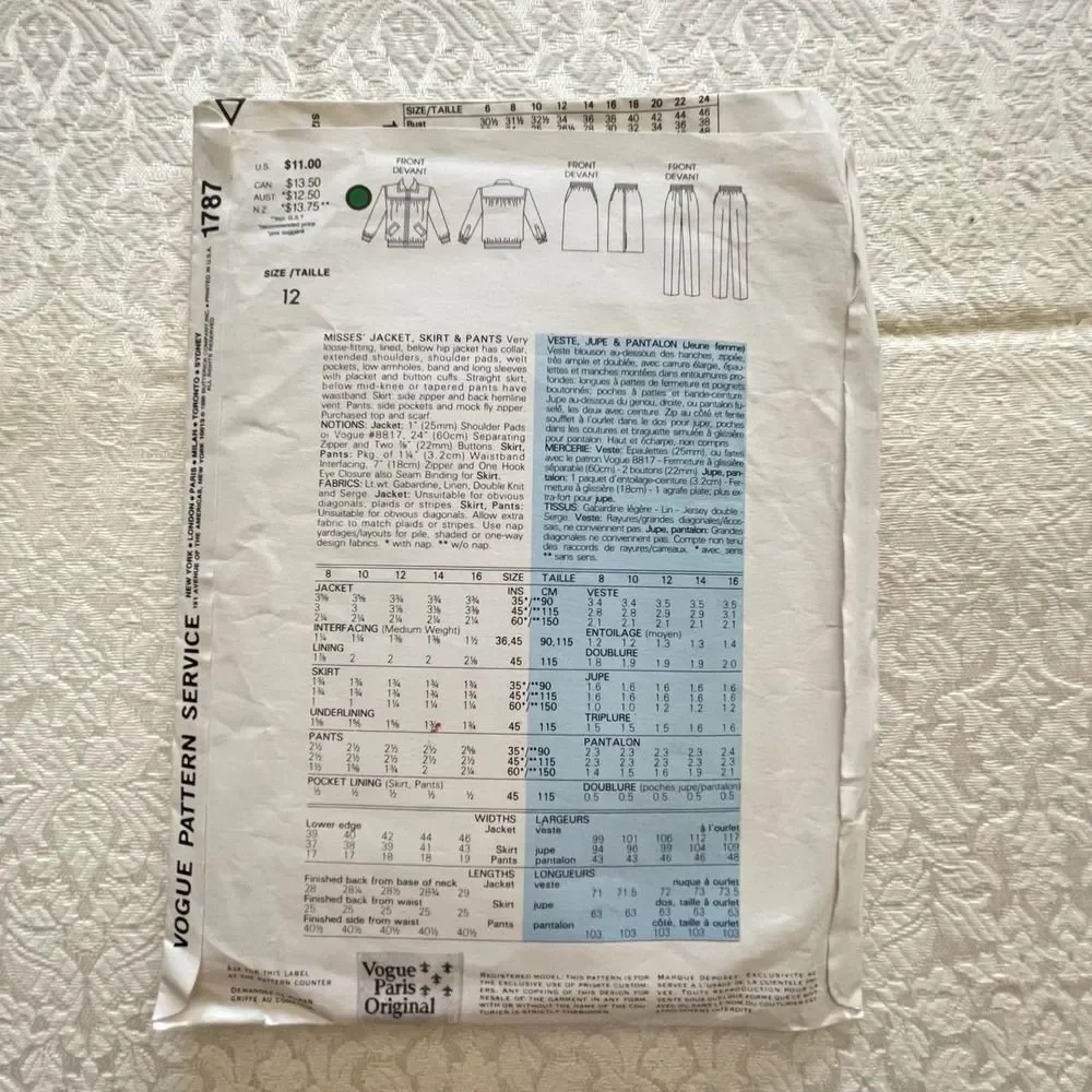 Uncut Vogue 1986 Paris Givenchy Jacket Skirt Pants Sewing Pattern #1787 size 12